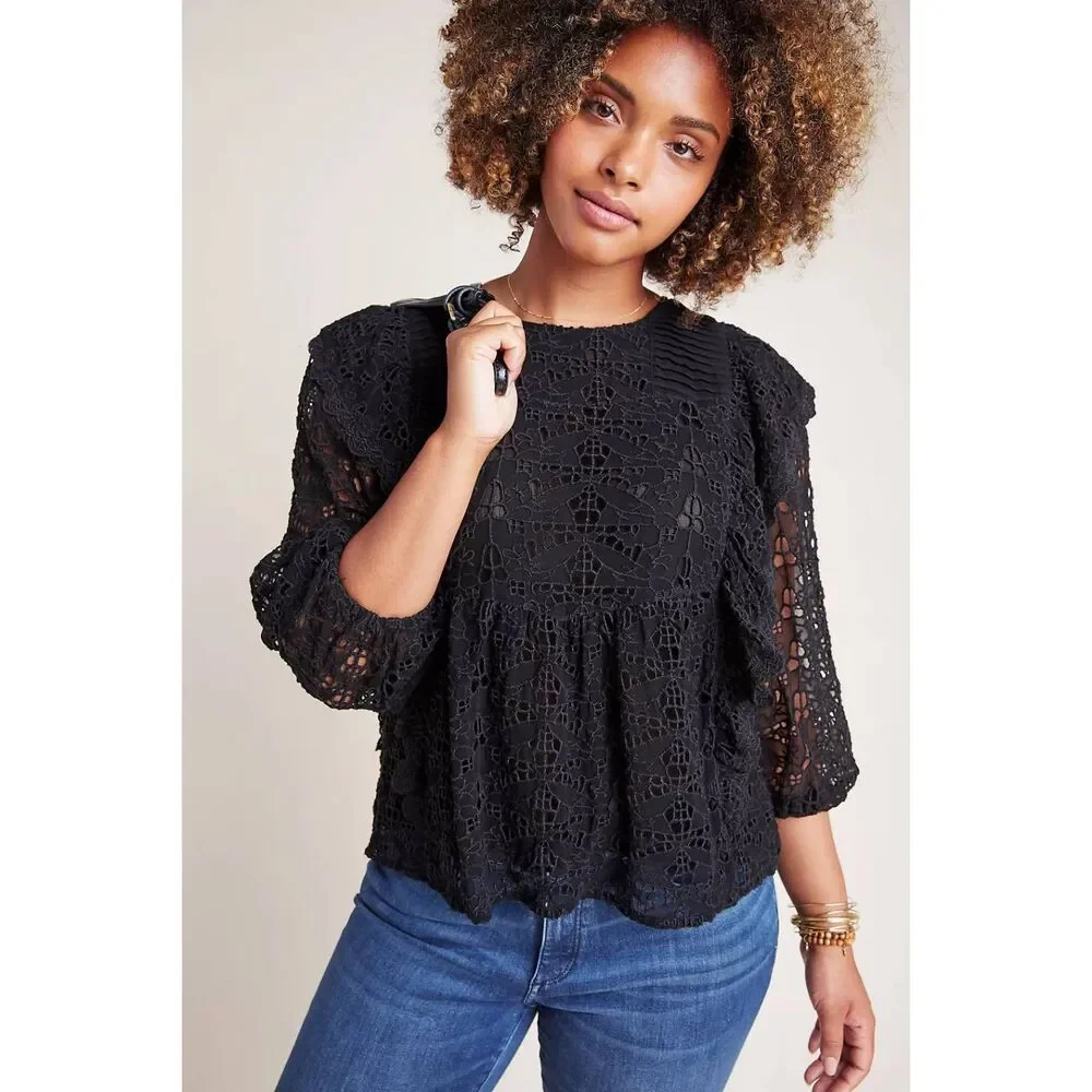 Anthropologie Black Clementine Eyelet Ruffle Lace Blouse 10 Preppy Femme Trendy